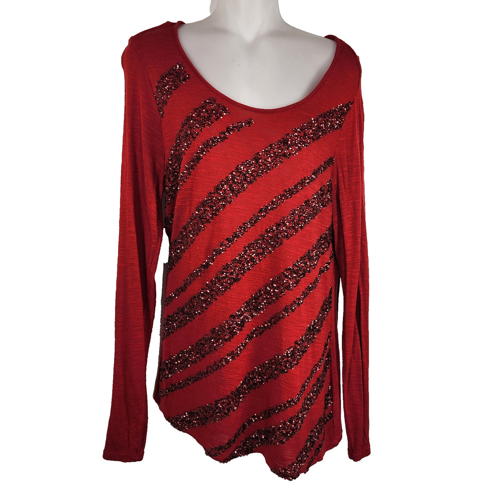 Coldwater Creek Women Sequined Tee Medium Dazzling Brushstrokes Long Sleeved Red